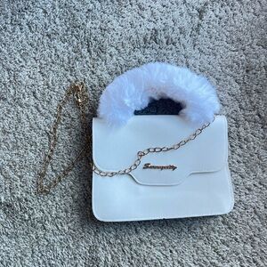 White Faux Fur Chain Bag